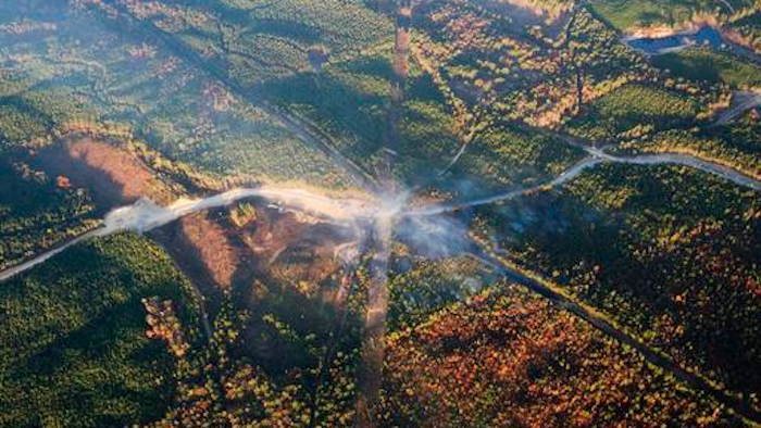 A fog of smoke covers the trees near an explosion of a Colonial Pipeline, Tuesday, Nov. 1, 2016, in Helena, Ala. The pipeline explosion occurred on Monday. The blast, which sent flames and thick black smoke soaring over the forest, happened about a mile west of where the pipeline ruptured in September, Gov. Robert Bentley said in a statement.