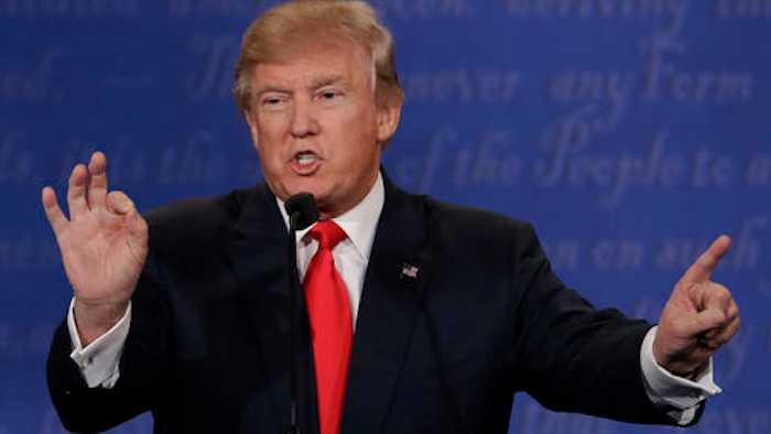 In this Oct. 19, 2016 file photo, Donald Trump speaks during the third presidential debate.