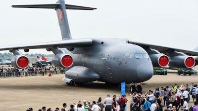 A Chinese Y-20 heavy strategic transport aircraft is displayed at China's International Aviation and Aerospace Exhibition in Zhuhai, China's Guangdong province, Tuesday, Nov. 1, 2016. Airshow China in the southern city of Zhuhai serves to showcase the growing sophistication of the country's military technology.