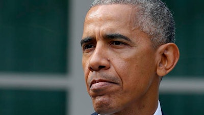 In this Nov. 9, 2016, photo, President Barack Obama pause while speaking in the Rose Garden of the White House in Washington. It was supposed to be his grand valedictory tour. Now Obama must use his last major trip abroad to try to calm shocked world leaders about the outcome of the U.S. election, and what comes next when Donald Trump is president.