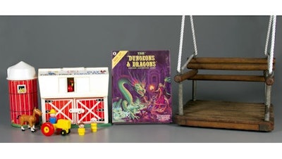 In this Sept. 22, 2016 photo provided by the The Strong museum in Rochester, N.Y., the three inductees into the hall's class of 2016, from left, Fisher-Price Little People, Dungeons & Dragons and the swing, are on display. After seven times as finalists for the National Toy Hall of Fame, the tiny tenants of Fisher-Price's house, barn and school bus were enshrined on Thursday, Nov. 10, 2016.