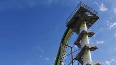 This November 2013 file photo shows the top of the Schlitterbahn Waterparks and Resorts new Verruckt waterslide in Kansas City, Kan. The waterslide on which a state lawmaker's 10-year-old son was killed Aug 7, 2016, will be demolished once the unfolding investigation of the tragedy is finished, the water park's operators said Tuesday, Nov. 22, 2016.