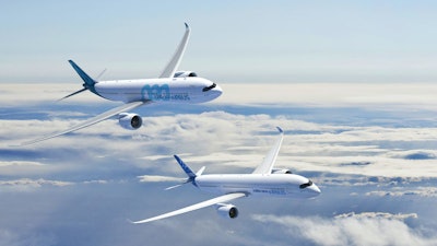 The A350-900 and A330-900neo – depicted here in flight – are two of the latest widebody jetliners developed by Airbus.