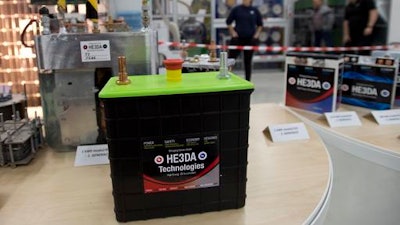 A new battery based on nanotechnology is on display during the official start of a battery production line in Prague, on Monday, Dec. 19, 2016. The new battery developed by the HE3DA company is supposed to be be more efficient, long-lasting, cheaper, lighter and above all safer. It is designed to store energy from renewable electric sources and cooperate with smart grids. Next planned type will be suitable for electric cars.