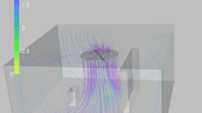 A three-dimension view of an AirViz simulation showing the potential airflow in a room with two obstructions.