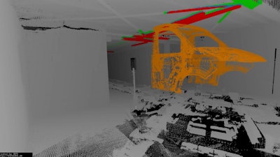 This is a section of an automotive production line and a simulated model as a 3D cloud of dots. The places where collisions would occur after a change of model are highlighted in red.