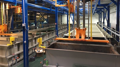 Partial view of the new 5000 ft.² fully automated line produces MIL-A-8625 Type II (sulfuric) anodizing.