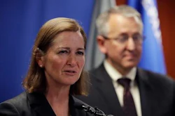 U.S. Attorney Barbara McQuade of the Eastern District of Michigan addresses the media, Friday, Jan. 13, 2017, in Detroit. McQuade announced that Takata Corp. has agreed to plead guilty to a single criminal charge and will pay $1 billion in fines and restitution for a years-long scheme to conceal a deadly defect in its automotive air bag inflators.