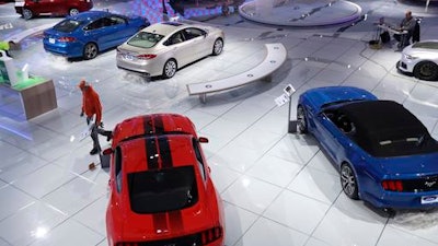 The Ford display is seen at the 2017 North American International Auto show, Friday, Jan. 6, 2017, in Detroit. The show opens to the media on Monday, Jan. 9 and to the public on Jan. 14.