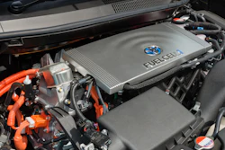 Engine of a fuel cell vehicle Mirai made by Toyota, parked on the street in Yokohama, Japan.
