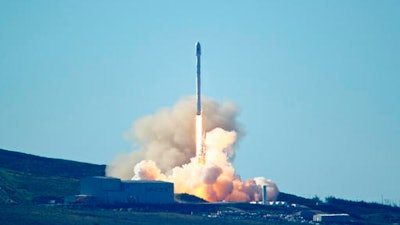 Space-X's Falcon 9 rocket with 10 satellites launches at Vandenberg Air Force Base, Calif. on Saturday, Jan. 14, 2017. The two-stage rocket lifted off to place 10 satellites into orbit for Iridium Communications Inc. About nine minutes later, the first stage returned to Earth and landed successfully on a barge in the Pacific Ocean south of Vandenberg.