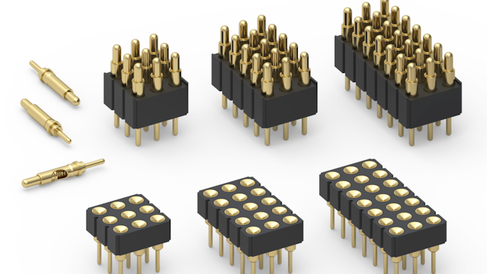 Through-hole mount spring-loaded pins (804 Series) and mating target connectors (805 Series) from Mill-Max add a third row.