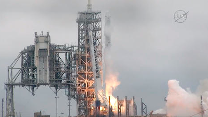 In this image from NASA TV, the SpaceX Falcon rocket launches from the Kennedy Space Center in Florida on Sunday, Feb. 19, 2017. It's carrying a load of supplies for the International Space Station.