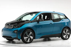 This Sept. 20, 2016, photo provided by the Insurance Institute for Highway Safety shows a 2017 BMW i3 before crash safety testing. The car earned good ratings in four out of five tests, but fell short of getting the highest safety rating in the newest crash tests administered by the insurance industry.