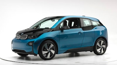 This Sept. 20, 2016, photo provided by the Insurance Institute for Highway Safety shows a 2017 BMW i3 before crash safety testing. The car earned good ratings in four out of five tests, but fell short of getting the highest safety rating in the newest crash tests administered by the insurance industry.