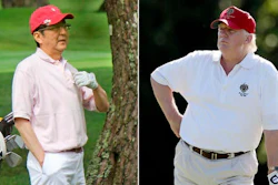 This combination file photo shows Donald Trump, right, stands on the 14th fairway during a pro-am round of the AT&T National golf tournament at Congressional Country Club in Bethesda, Md. on June 27, 2012, and Japanese Prime Minister Shinzo Abe, left, playing golf in Yamanakako village, west of Tokyo, on July 23, 2016. If they stick to schedule, Abe and Trump will spend more time on the fairway than at the White House. After facing off on some divisive issues in Washington on Friday, Feb. 10, 2017, they are jetting to Florida, where they will turn to something they have in common on Saturday: a love of golf.