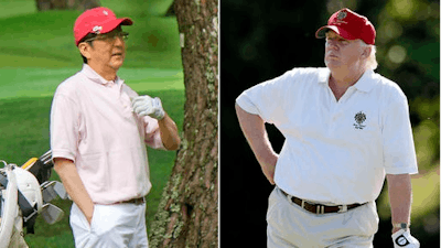 This combination file photo shows Donald Trump, right, stands on the 14th fairway during a pro-am round of the AT&T National golf tournament at Congressional Country Club in Bethesda, Md. on June 27, 2012, and Japanese Prime Minister Shinzo Abe, left, playing golf in Yamanakako village, west of Tokyo, on July 23, 2016. If they stick to schedule, Abe and Trump will spend more time on the fairway than at the White House. After facing off on some divisive issues in Washington on Friday, Feb. 10, 2017, they are jetting to Florida, where they will turn to something they have in common on Saturday: a love of golf.