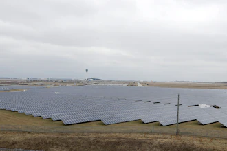 The solar farm at the Indianapolis International Airport is pictured, Wednesday, Feb. 8, 2017, in Indianapolis. Duke Energy and other utilities are backing measures in the Indiana Legislature and several other states that would eventually end the ability of small operators to produce solar power.