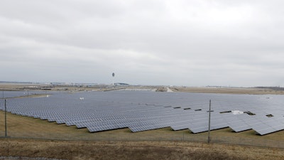 The solar farm at the Indianapolis International Airport is pictured, Wednesday, Feb. 8, 2017, in Indianapolis. Duke Energy and other utilities are backing measures in the Indiana Legislature and several other states that would eventually end the ability of small operators to produce solar power.
