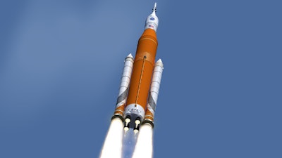 This image made available on Feb. 15, 2017 by NASA shows an artist's concept of the launch of the Space Launch System rocket and Orion capsule. On Friday, Feb. 24, 2017, NASA said it is weighing the risk of adding astronauts to the first flight of its new megarocket.