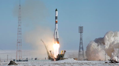 In this photo provided by the Russian Space Agency (Roscosmos) press service, a Soyuz-U booster rocket carrying the Progress MS-05 spacecraft blasts off from the Russian-leased Baikonur Cosmodrome in Kazakhstan Wednesday, Feb. 22, 2017. The unmanned Russian cargo ship lifted off successfully Wednesday on a supply mission to the International Space Station.