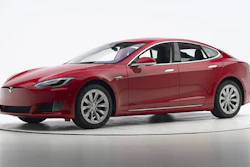 This Sept. 7, 2016, photo provided by the Insurance Institute for Highway Safety shows a Tesla Model S before crash safety testing. The car earned good ratings in four of the institute’s five tests, but fell short of getting the highest safety rating in the newest crash tests administered by the insurance industry.