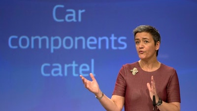 European Commissioner for Competition Margrethe Vestager speaks during a media conference regarding a car component antitrust case at EU headquarters in Brussels on Wednesday, March 8, 2017. The EU Commission on Wednesday fined six air conditioning cooling suppliers for taking part in one or more of four cartels concerning air conditioning and engine cooling components to car manufacturers in the European Economic Area.