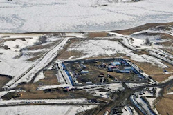 This Feb. 13, 2017, aerial file photo, shows a site where the final phase of the Dakota Access pipeline is taking place with boring equipment routing the pipeline underground and across Lake Oahe to connect with the existing pipeline in Emmons County near Cannon Ball, N.D. Federal Judge James Boasberg on Tuesday, March 14 denied a request by the Standing Rock and Cheyenne River Sioux to stop oil from flowing while they appeal his earlier decision allowing pipeline construction to finish.