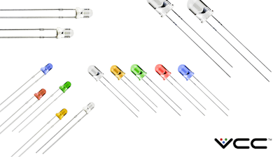 A through-hole LED indicator with a built-in resistor for 12 VDC applications from VCC.