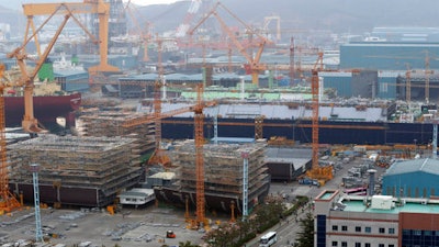 A shipyard of Daewoo Shipbuilding & Marine Engineering Co. is pictured in Geoje, South Korea, Thursday, March 23, 2017. South Korea announced Thursday a fresh capital injection for Daewoo Shipbuilding & Marine Engineering Co., seeking to prevent the world's second-largest shipbuilder from defaulting on its debts.