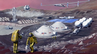 Depiction of a Mars station, where Mars explorers create a self-sufficient community. Utah State University researchers Lance Seefeldt and Bruce Bugbee are part of the NASA-funded Space Technology Research Institute 'CUBES' aimed at making growing food on Mars possible.