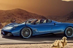 The Huayra Roadster from Italy's Pagani stands out with a bold curve running from roofline through roof pillar to the hood. It's powered by a gigantic 6.0 liter, 12-cylinder engine turning out 764 horsepower.