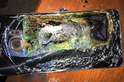 This Sunday, Oct. 9, 2016, file photo shows a damaged Samsung Galaxy Note 7 on a table in Richmond, Va., after it caught fire earlier in the day.