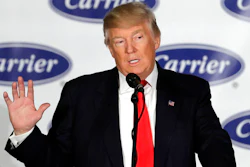 In this Dec. 1, 2016, file photo, President-elect Donald Trump speaks at the Carrier Corp. factory in Indianapolis. The $7 million deal to save jobs at the Carrier factory in Indianapolis is poised for approval by state officials nearly four months after President Donald Trump celebrated his role in the negotiations with a post-election visit to the plant.