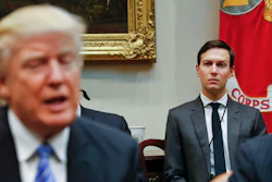 In this Monday, Jan. 23, 2017, file photo, White House Senior Adviser Jared Kushner, right, listens to President Donald Trump speak during a breakfast with business leaders in the Roosevelt Room of the White House in Washington. Trump is set to announce a new White House office run by his son-in-law, Kushner, that will seek to overhaul government functions using ideas from the business sector.