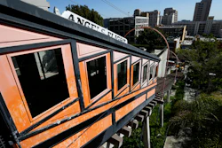 Angels Flight railway is seen in the Bunker Hill section of Los Angeles on Wednesday, March 1, 2017. The tiny funicular that hauled people 298 feet up and down the city's steep Bunker Hill was shut down in 2013 after a series of safety problems. At a news conference Wednesday, March 1, Los Angeles Mayor Eric Garcetti said those issues are being resolved and the railroad's antique wooden cars should be back in service by Labor Day.