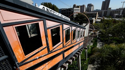 Angels Flight railway is seen in the Bunker Hill section of Los Angeles on Wednesday, March 1, 2017. The tiny funicular that hauled people 298 feet up and down the city's steep Bunker Hill was shut down in 2013 after a series of safety problems. At a news conference Wednesday, March 1, Los Angeles Mayor Eric Garcetti said those issues are being resolved and the railroad's antique wooden cars should be back in service by Labor Day.