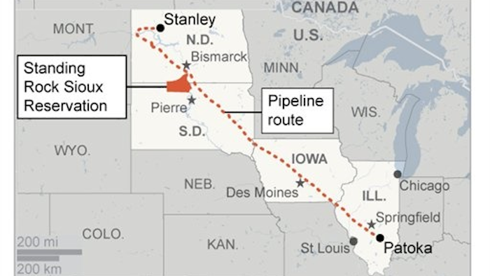A map of the Dakota Access pipeline route.