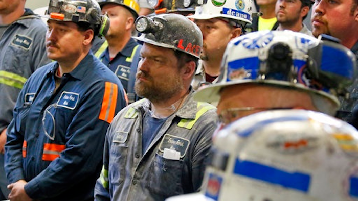 A group of coal miners listen to U.S. Environmental Protection Agency Administrator Scott Pruitt during his visit to Consol Pennsylvania Coal Company's Harvey Mine in Sycamore, Pa., Thursday, April 13, 2017.