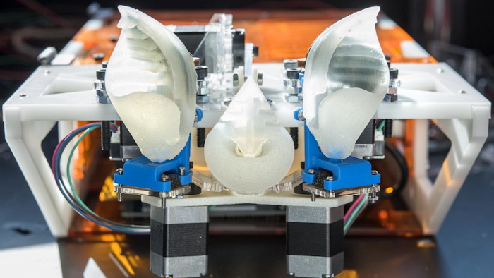 This robotic sonar head mimics the emission and reception dynamics of the horseshoe bat, which uses small movements of the ears and noseleaf to encode extra information in sonar pulses.