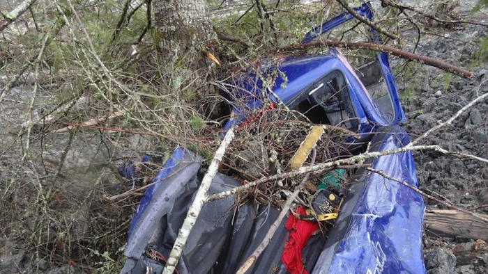 A pickup truck was plucked from its parking spot in the Steelhead neighborhood and wrapped around tree.