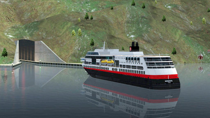 In this computer rendered image provided by the Norwegian Coastal Administration on Thursday, April 6, 2017, a ferry approaches the entrance of a tunnel for ships. Norway plans to build the world's first tunnel for ships, a 1,700-meter (5,610-feet) passageway burrowed through a piece of rocky peninsula that will allow vessels to avoid a treacherous part of sea. Construction of the Stad Ship Tunnel, which would be able to accommodate cruise and freight ships weighing up to 16,000 tons, is expected to open in 2023.