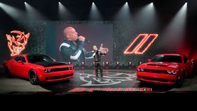 Actor Vin Diesel speaks during the unveiling of the 2018 Dodge Challenger SRT Demon during a media preview for the New York International Auto Show, Tuesday, April 11, 2017, in New York.
