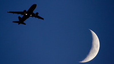 In this file photo a plane takes off into the night sky from London's Heathrow Airport. Three airliners narrowly missed colliding with drones near London's Heathrow Airport in the space of three weeks last year.