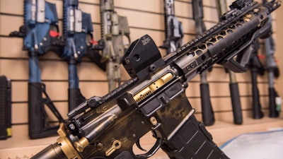 An AR-15 style rifle manufactured by Battle Rifle Co. is display in Webster, Texas. Battle Rifle is one of now more than 10,000 gunmakers in the U.S.