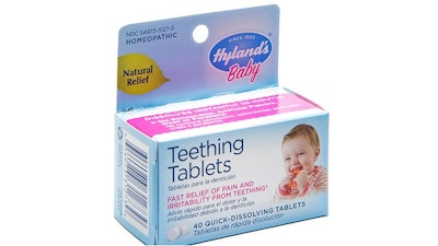 This image provided by the U.S. Food & Drug Administration shows Hyland's Baby Teething Tablets. Late Thursday, April 13, 2017, the FDA said that two versions of Hyland’s teething tablets are being recalled nationwide due to inconsistent levels of toxic belladonna, which makes them “a serious health hazard” to young children. The recall covers all Hyland’s Baby Teething Tablets and Hyland’s Baby Nighttime Teething Tablets, products meant to relieve discomfort from emerging teeth.