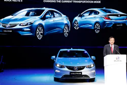 SAIC-GM president Wang Yongping announces the global launch of the Buick Velite 5, an extended range electric hybrid, during a global launch event ahead of the Shanghai Auto 2017 show in Shanghai, China, Tuesday, April 18, 2017. At the auto show, the global industry's biggest marketing event of the year, almost every global and Chinese auto brand is showing at least one electric concept vehicle, if not a market-ready model.