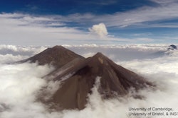 Volcán de Fuego (near with plume), neighboring Volcán de Acatenango, and Volcán de Agua (far). Picture taken on a BVLOS long-range flight.