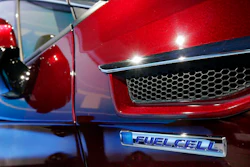 The fuel cell logo adorns the fender of the Honda Clarity at a media preview at the New York International Auto Show, at the Jacob Javits Center in New York, Wednesday, April 12, 2017.