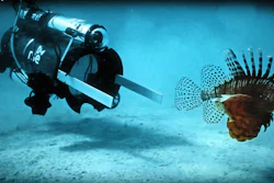 In this artist photo provided by Robots in Service of the Environment shows, taken April 18, 2017, the first day a new robot was used to hunt dangerous and invasive lionfish in Bermuda. It stuns lionfish with an electric current and then the fish is vacuumed into a container alive and it can later be sold for food. The robot caught 15 lionfish in 48 hours of initial testing. New, creative but more high-tech methods may finally be turning the tide in the fight against invasive species. Non-native plants and animals cost the world hundreds of billions of dollars a year.